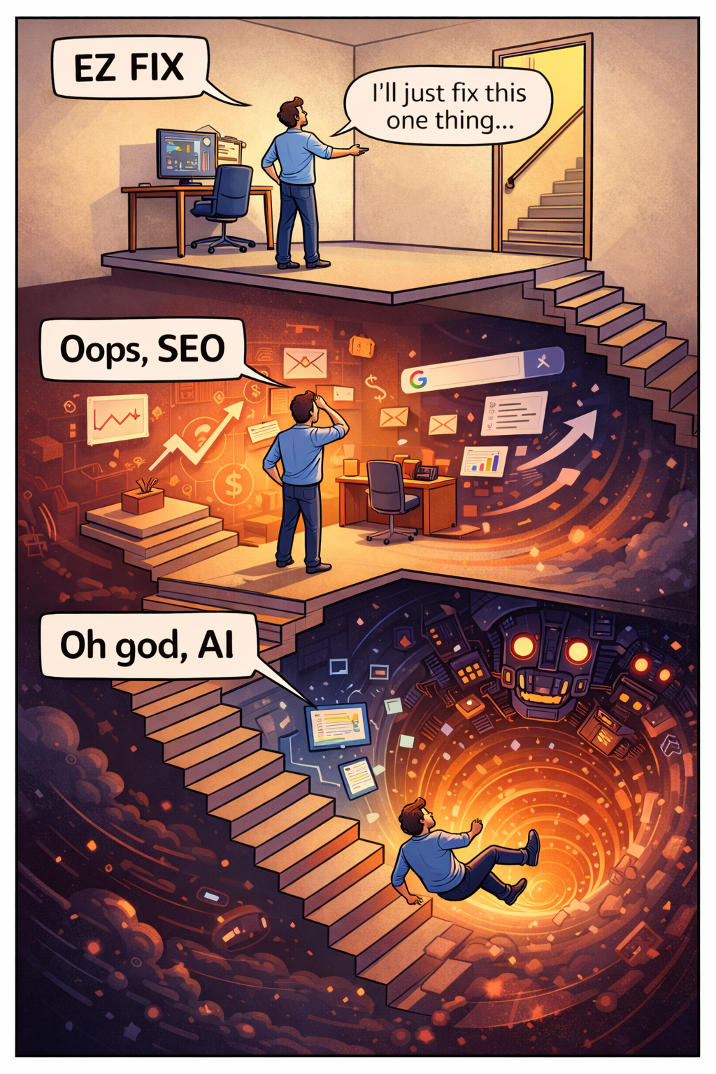 Comic-style escalation from a small fix to SEO and AI rabbit holes